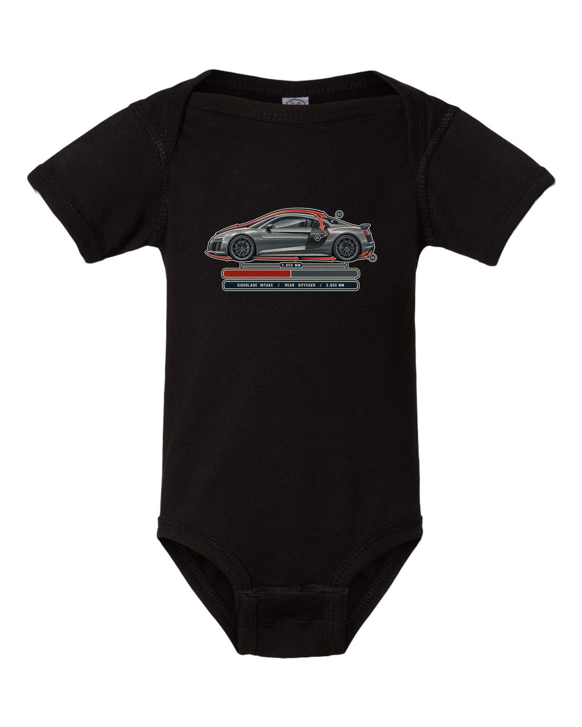 Audi R8 V10 plus Type 4S airflow cutaway with sideblade and diffuser callouts black baby onesie front view with the design