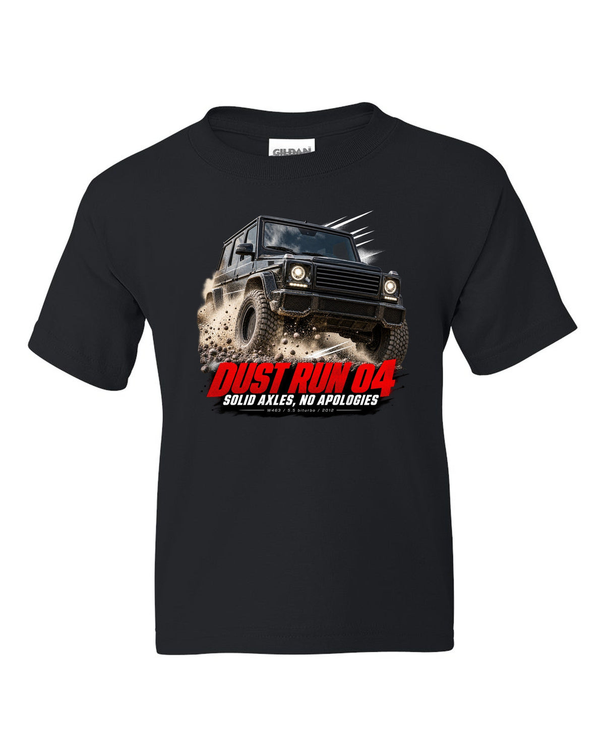 Race poster print of a Mercedes G63 AMG W463 with Dust Run 04 Solid Axles lettering black kids tee front view with the design
