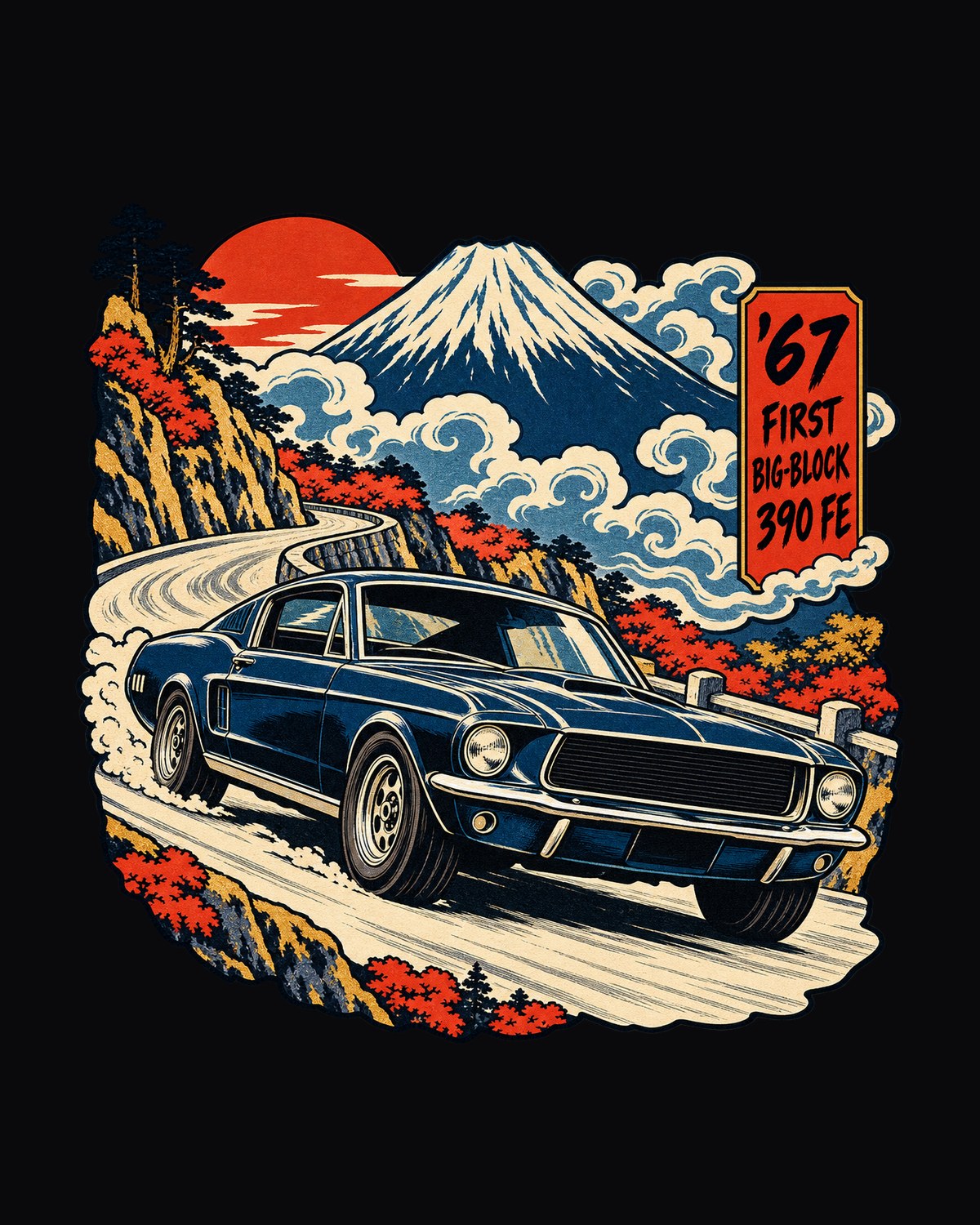 1967 Ford Mustang Fastback 390 FE Woodblock Print Shirt design only