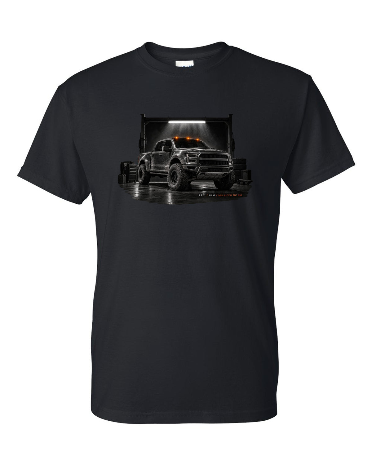 Ford Bronco Raptor 2022 U725 garage night print with 3.0 TT and 418 HP text black t-shirt front view with the design