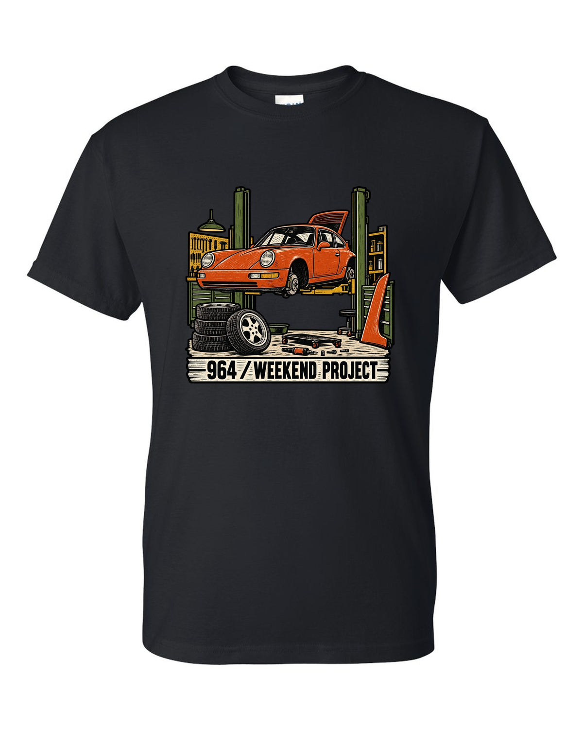 Linocut-style print of a Porsche 911 964 outlaw build with the text 964 Weekend Project black t-shirt front view with the design