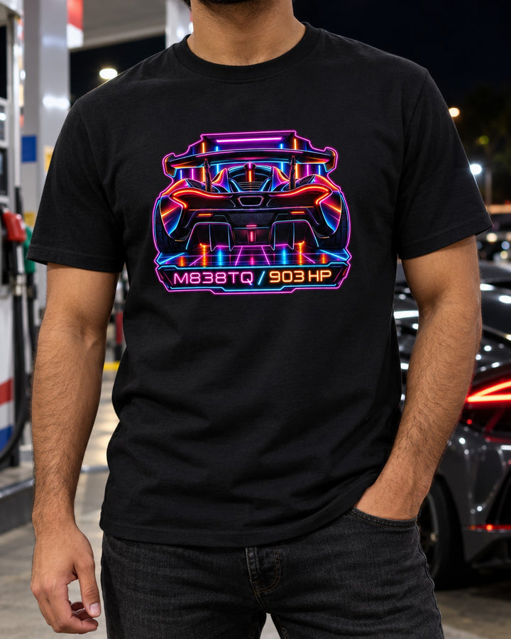 McLaren P1 Synthwave Neon Shirt, M838TQ Hybrid V8 T-Shirt Black worn hero