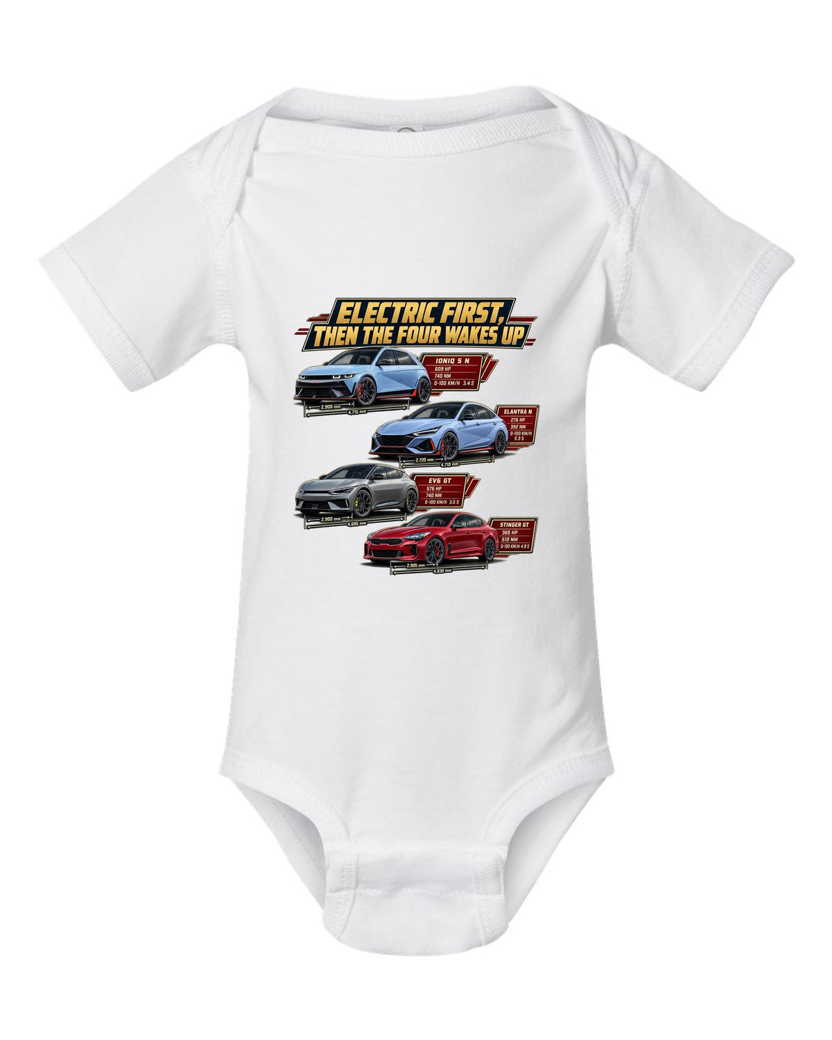Polestar 1 spec poster print on a shirt white baby onesie front view with the design