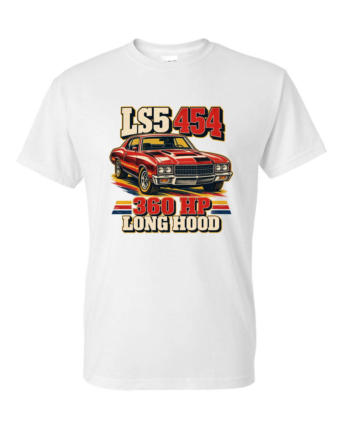 Vintage race poster print of a 1970 Chevrolet Monte Carlo SS 454 with the text LS5 454, 360 HP, Long Hood white t-shirt front view with the design