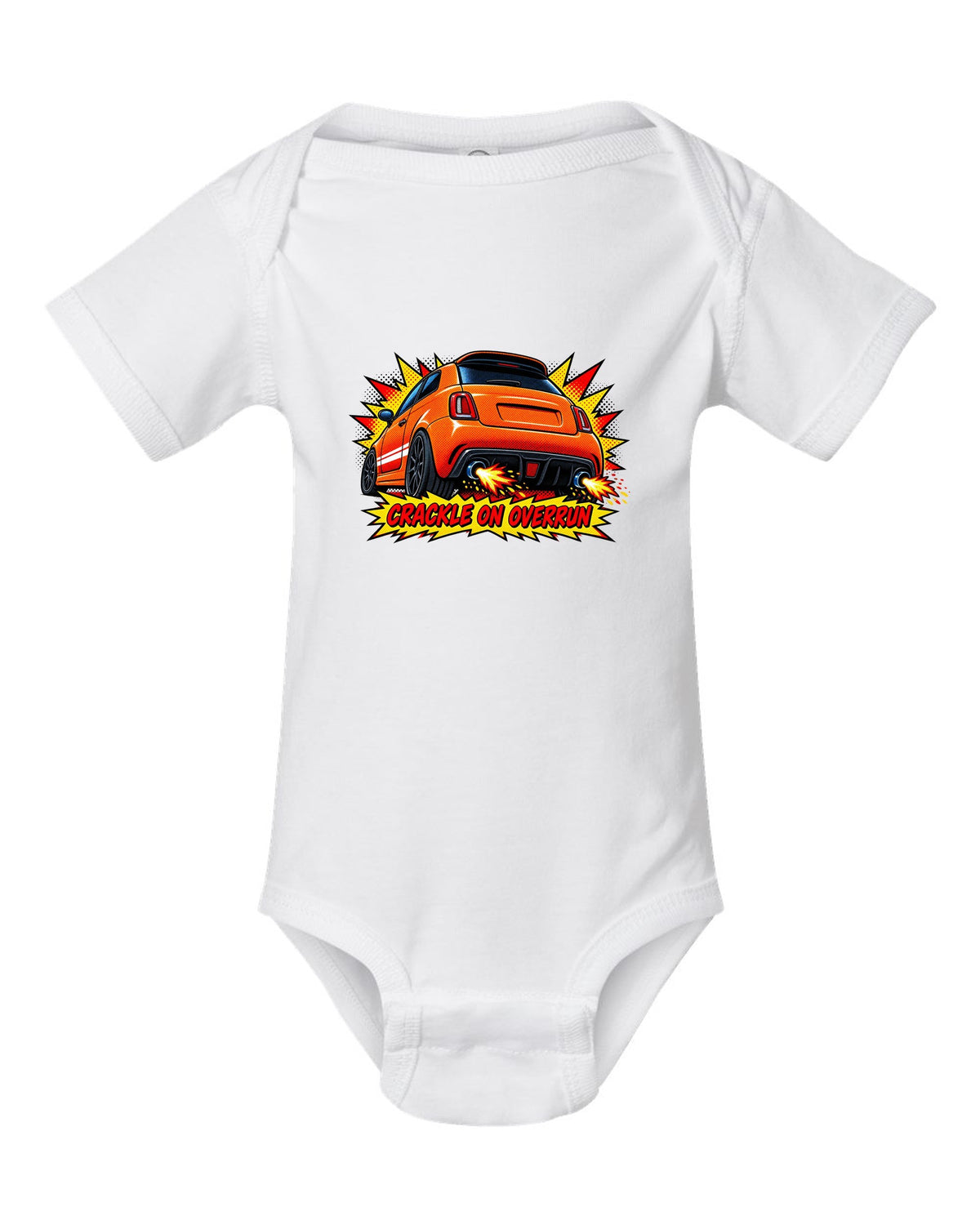 Comic halftone art of a Fiat 500 Abarth with crackle on overrun lettering white baby onesie front view with the design