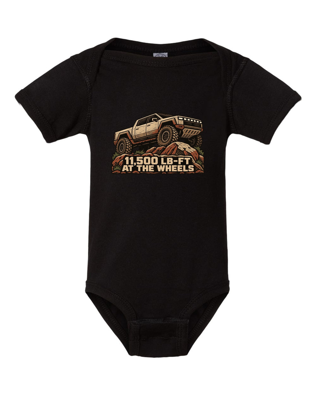 GMC Hummer EV linocut woodcut print on rocks with 11,500 lb-ft at the wheels black baby onesie front view with the design