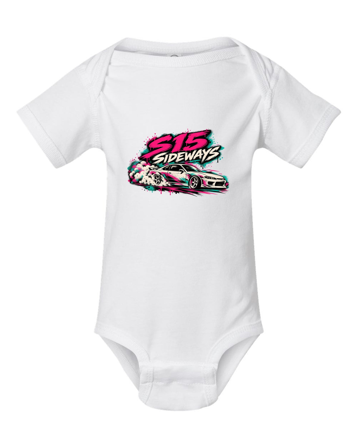 Stencil spray street art print of a Nissan Silvia S15 sliding sideways white baby onesie front view with the design