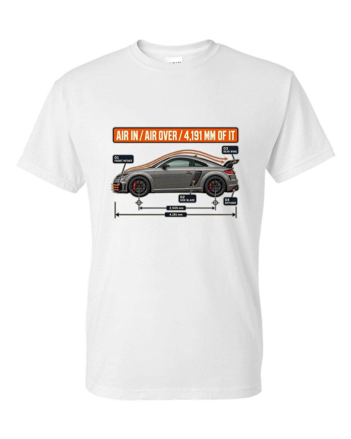 Audi TT RS facelift aero cutaway diagram with airflow callouts print white t-shirt front view with the design