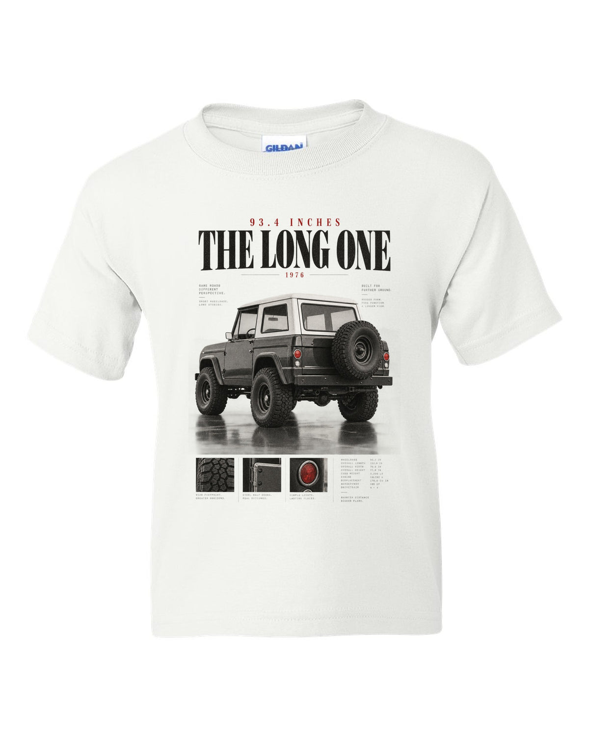 Editorial headline print for the Jeep CJ-7, 93.4 Inches The Long One white kids tee front view with the design