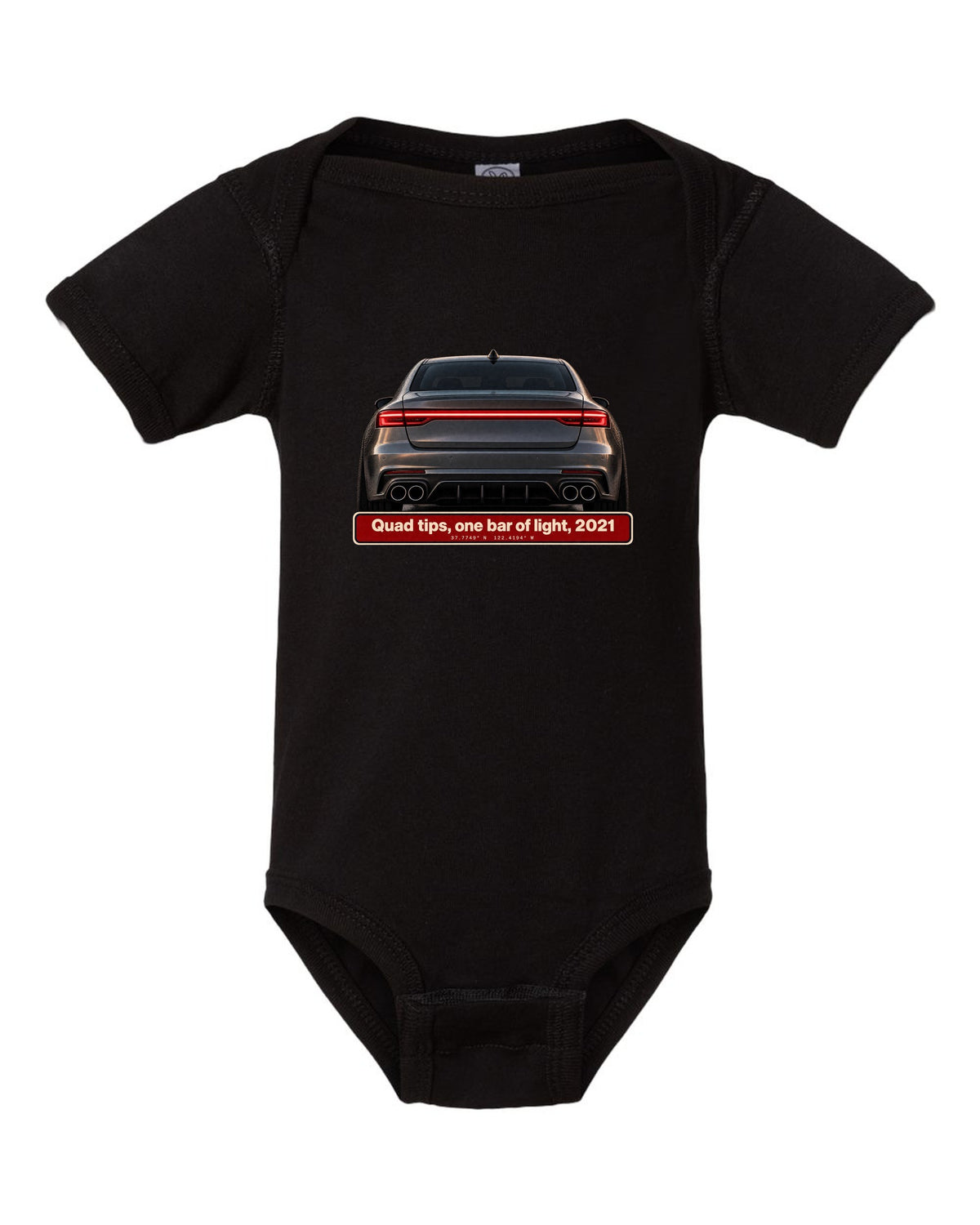 Acura TLX Type S taillight and quad exhaust tips macro print black baby onesie front view with the design