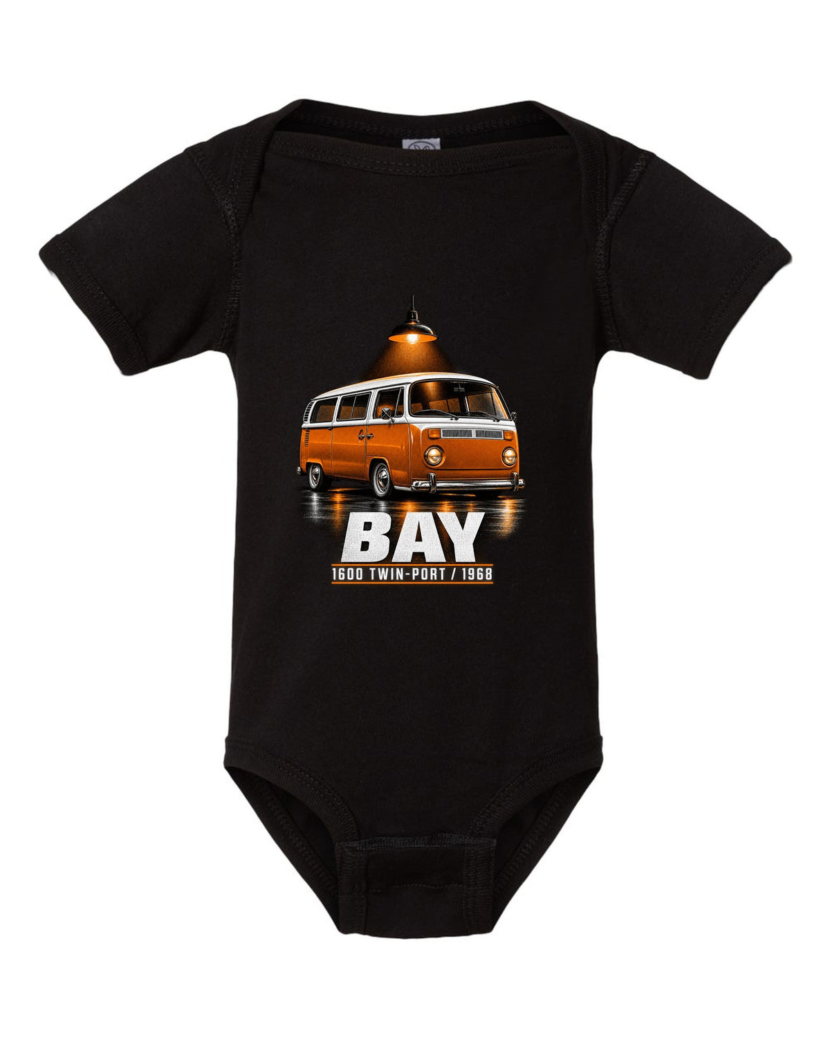 Garage night print of a 1968 VW T2 bay-window Type 2 bus black baby onesie front view with the design