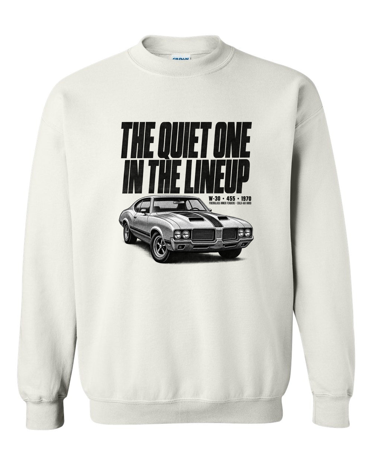1970 Oldsmobile 442 W-30 halftone print with 455 and cold-air hood text white crewneck front view with the design
