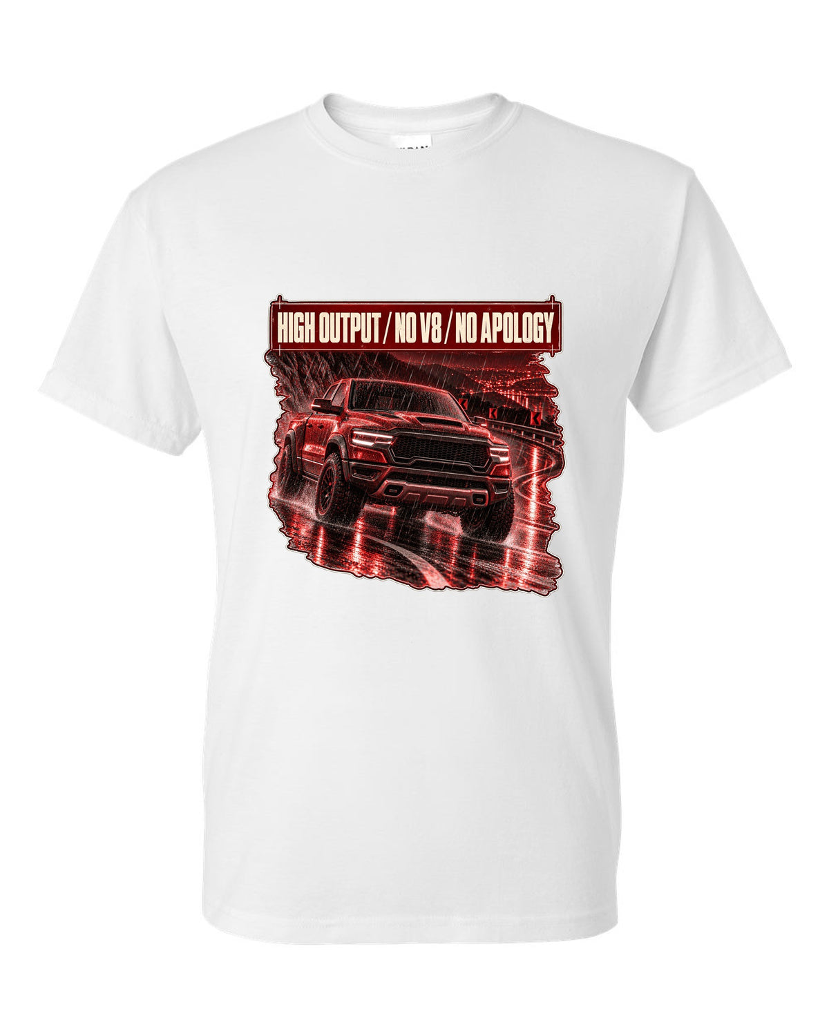 Ram 1500 RHO 2025 night street poster print white t-shirt front view with the design
