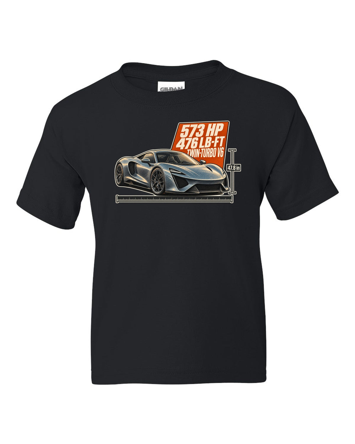 Halftone print of a 2020 Acura NSX NC1 front three-quarter black kids tee front view with the design