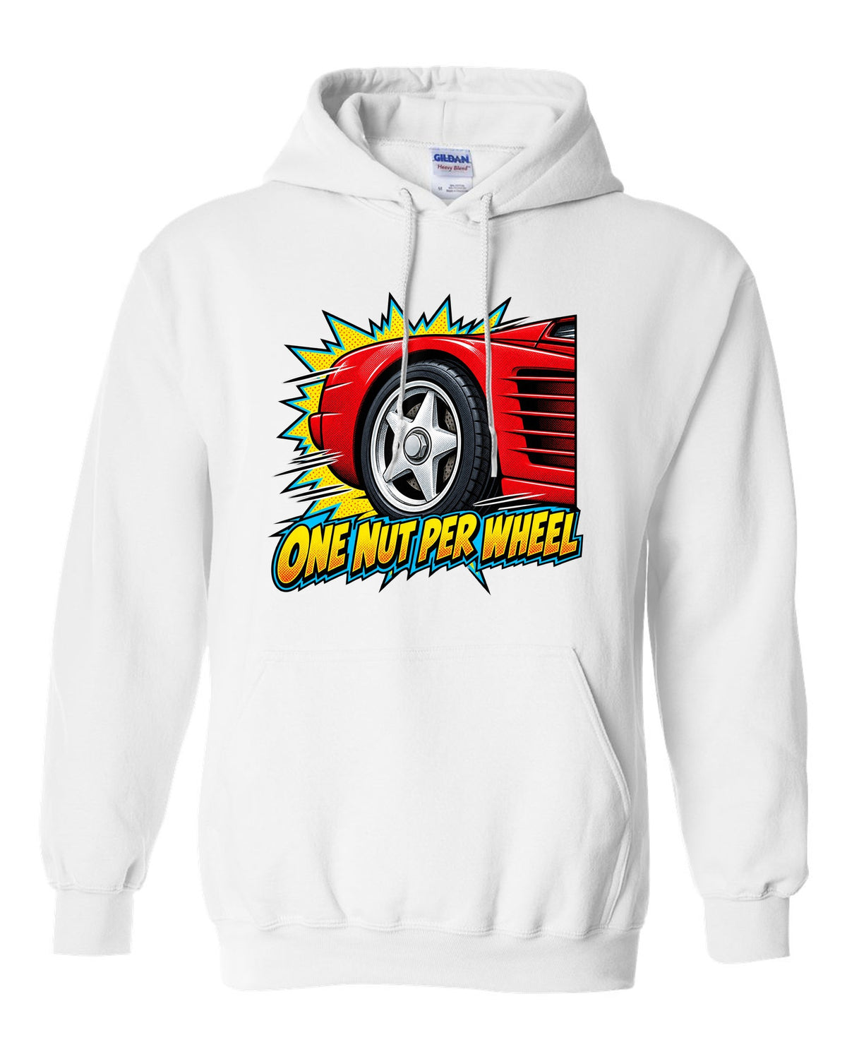 Comic halftone pop art of a Ferrari Testarossa five-star wheel white pull over hoodie front view with the design