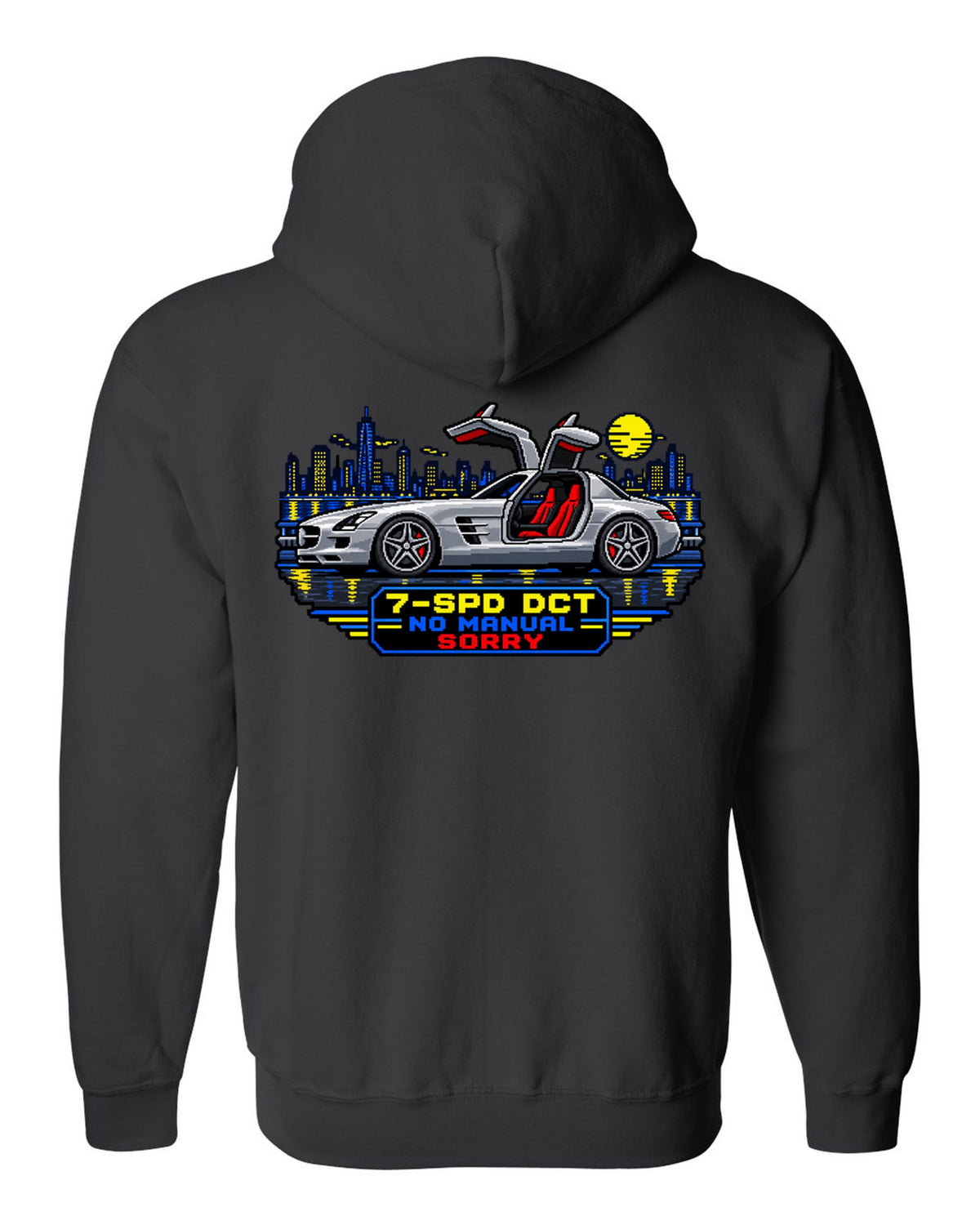 16-bit pixel art Mercedes SLS AMG C197 gullwing with 7-SPD DCT No Manual Sorry text black zip hoodie back view with the design