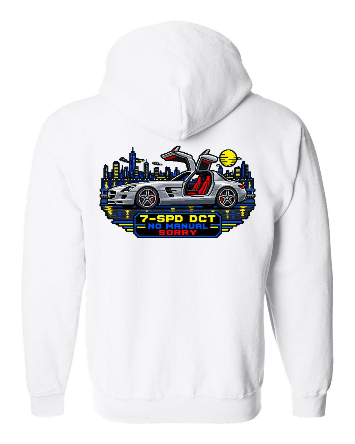 16-bit pixel art Mercedes SLS AMG C197 gullwing with 7-SPD DCT No Manual Sorry text white zip hoodie back view with the design