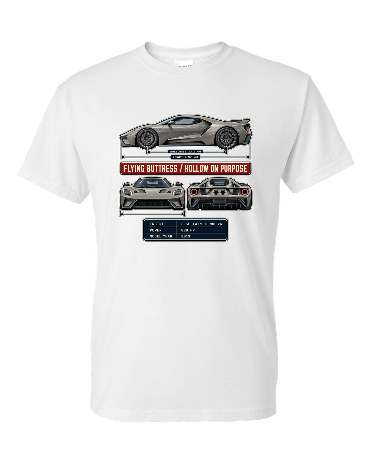 print of a 2019 Ford GT three-view drawing with spec table and flying buttress text white t-shirt front view with the design