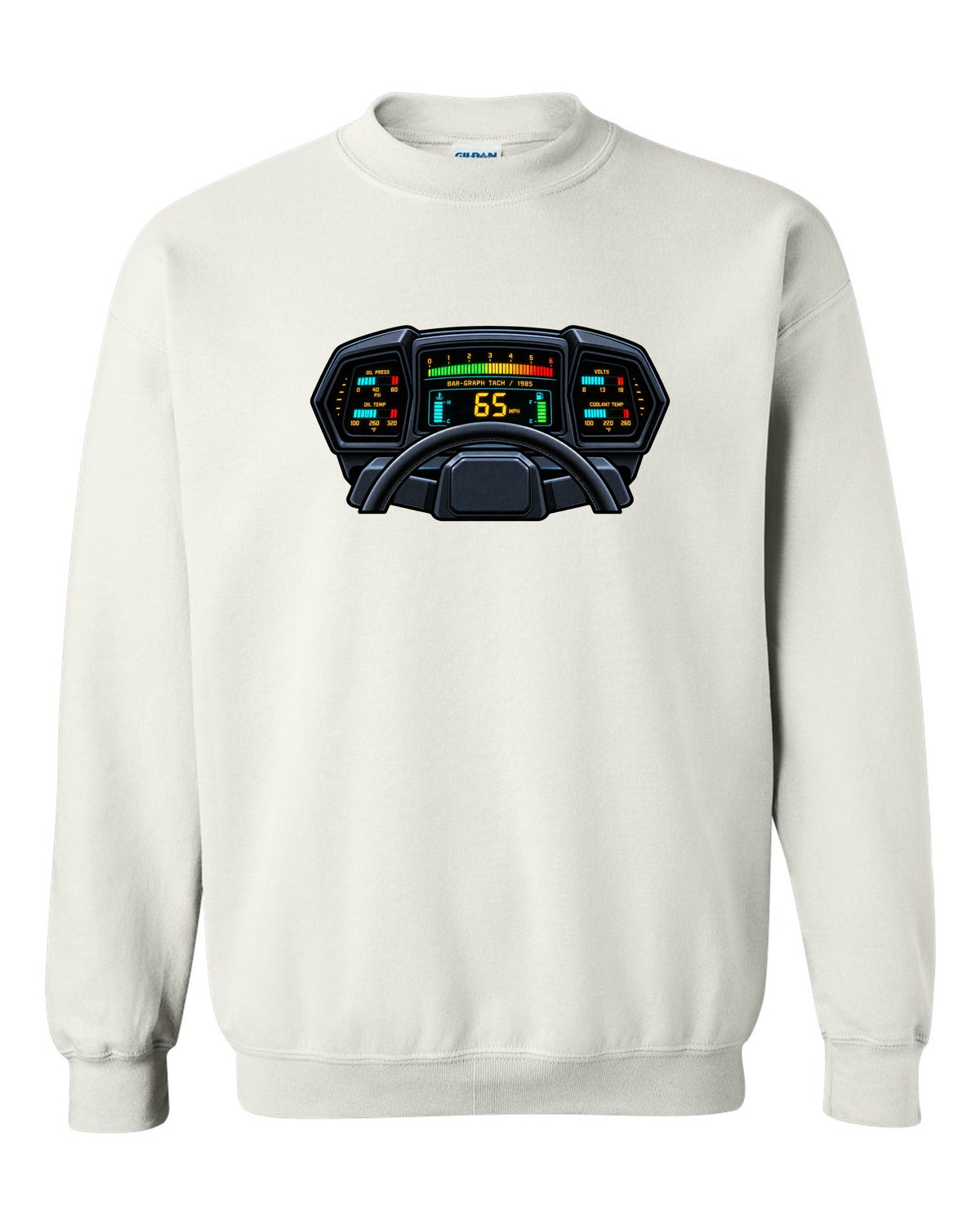 Gauge cluster HUD style print of a 1985 Chevrolet Corvette C4 digital dash with bar-graph tach white crewneck front view with the design