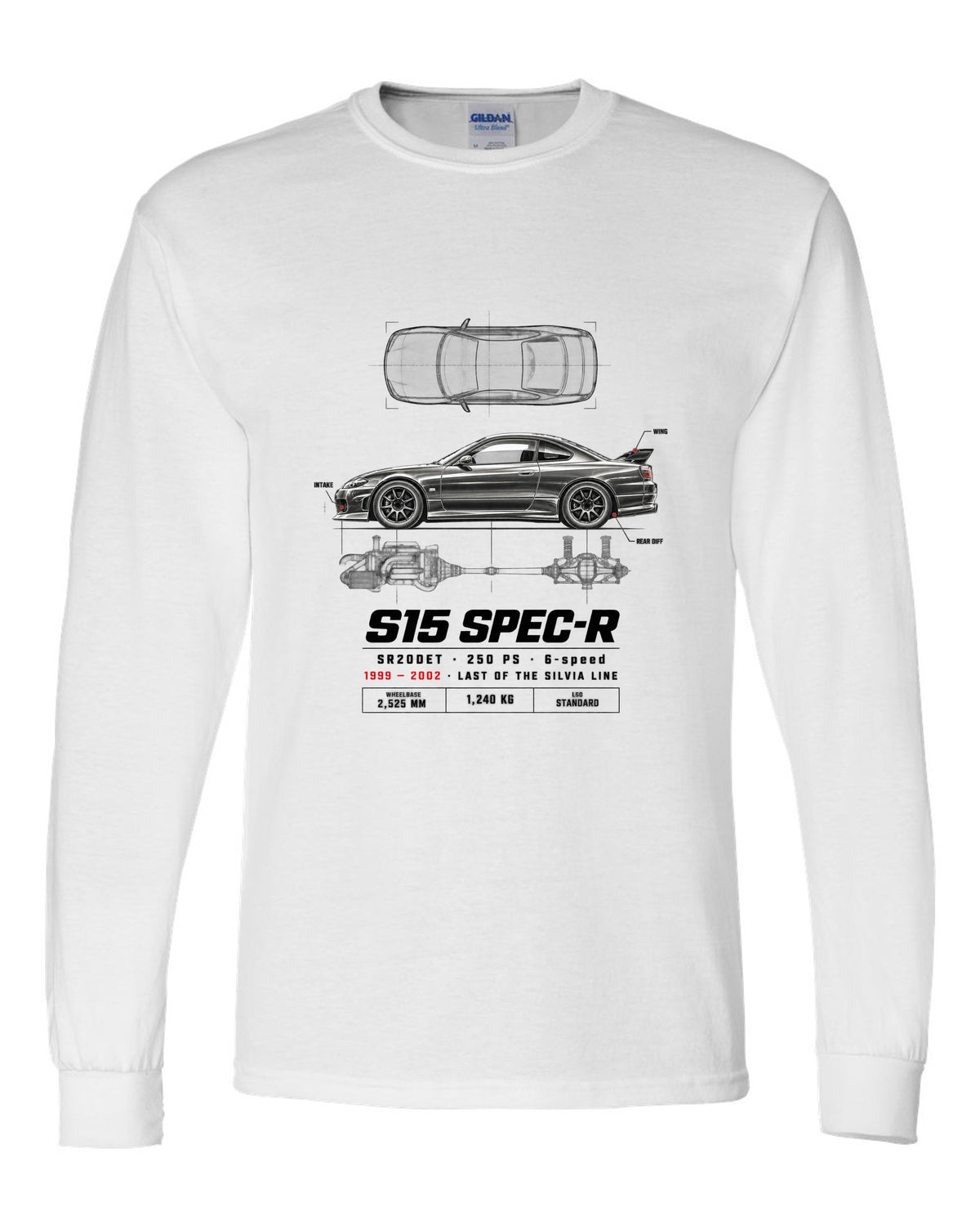 Spec poster print of a Nissan Silvia S15 Spec-R top-down profile with SR20DET data white long sleeve front view with the design
