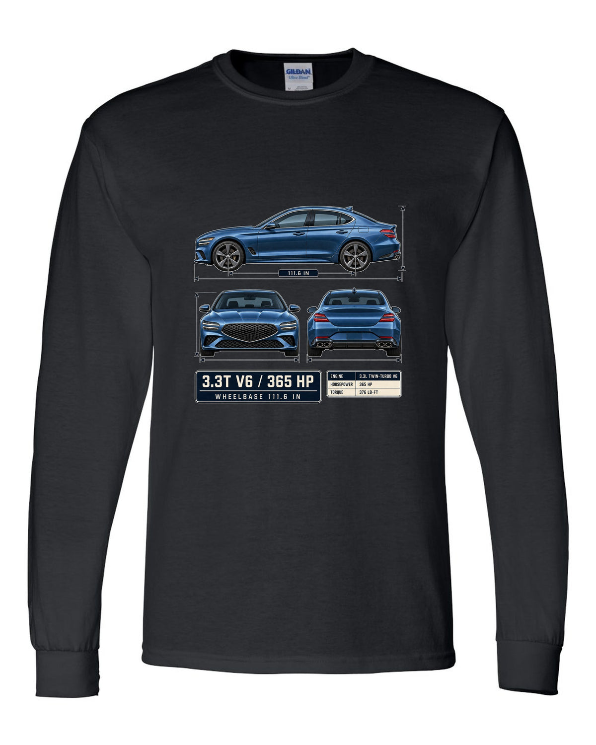 Dimension blueprint print of the Genesis G70 3.3T with V6 and 365 HP callouts black long sleeve front view with the design