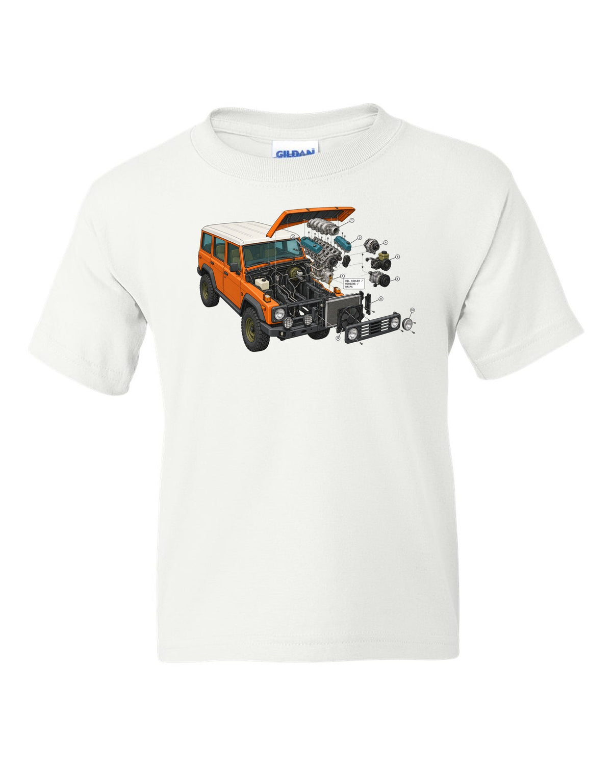 Jeep Wrangler JK V6 exploded engine bay diagram with oil cooler housing drips labels white kids tee front view with the design