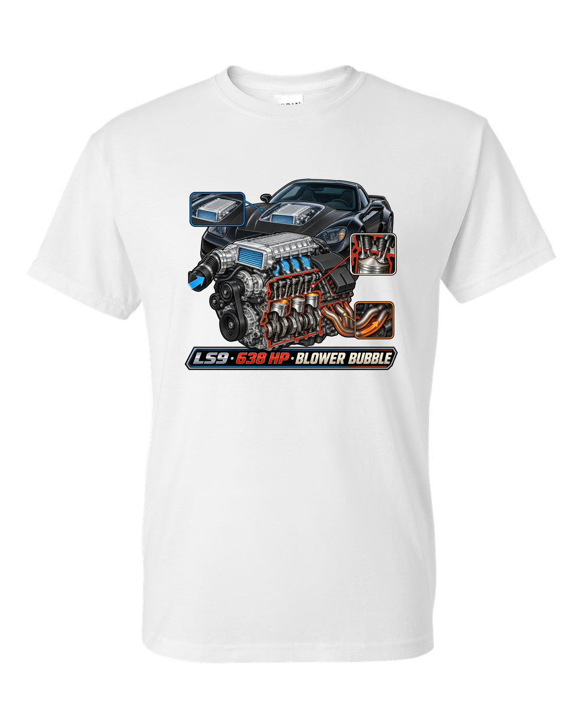 Cutaway engine print of the LS9 supercharger in a 2009 Chevrolet Corvette C6 ZR1 with 638 HP text white t-shirt front view with the design