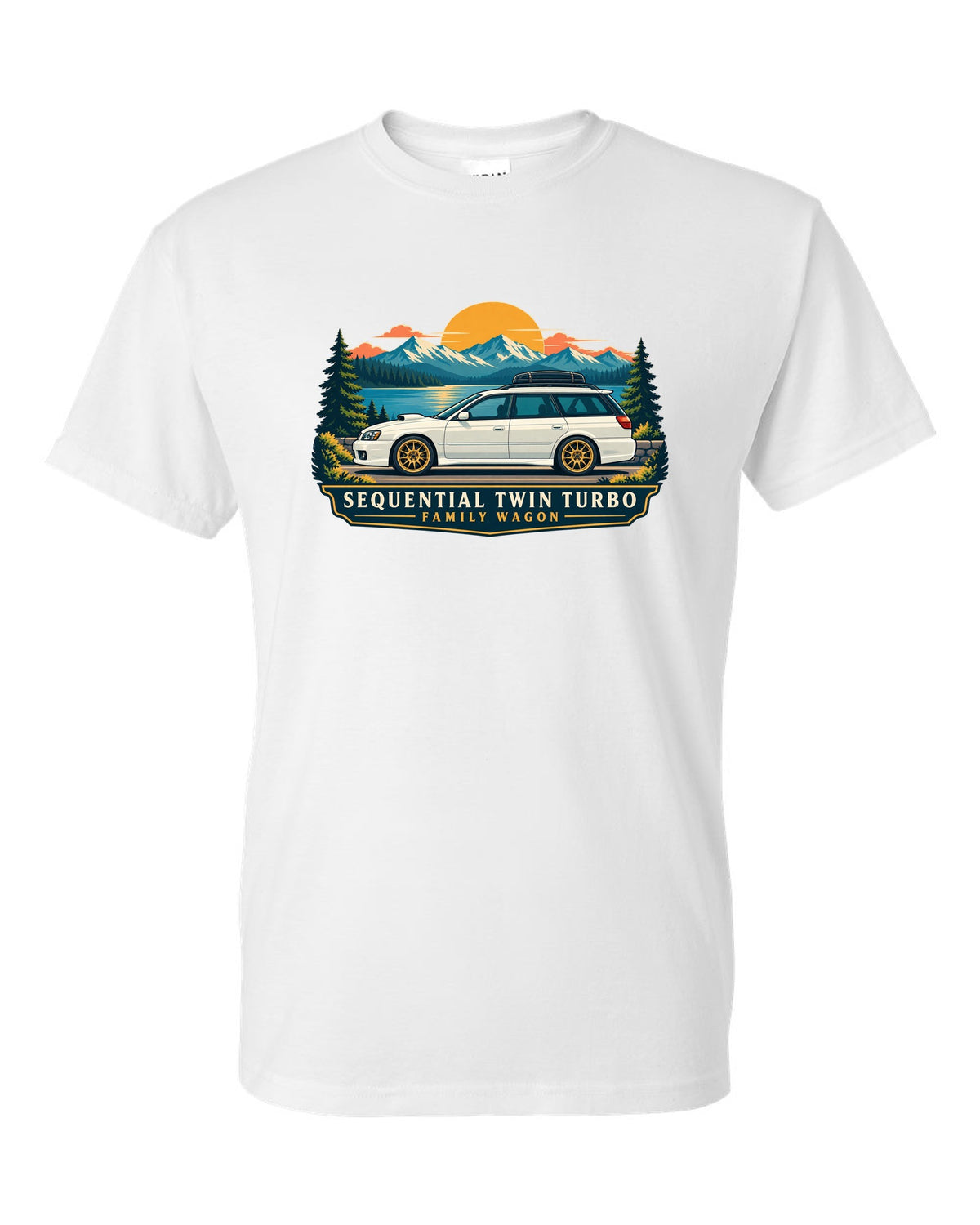 Subaru Legacy BC5 RS as a linocut, 100,000 KM / AT 223 KM/H white t-shirt front view with the design