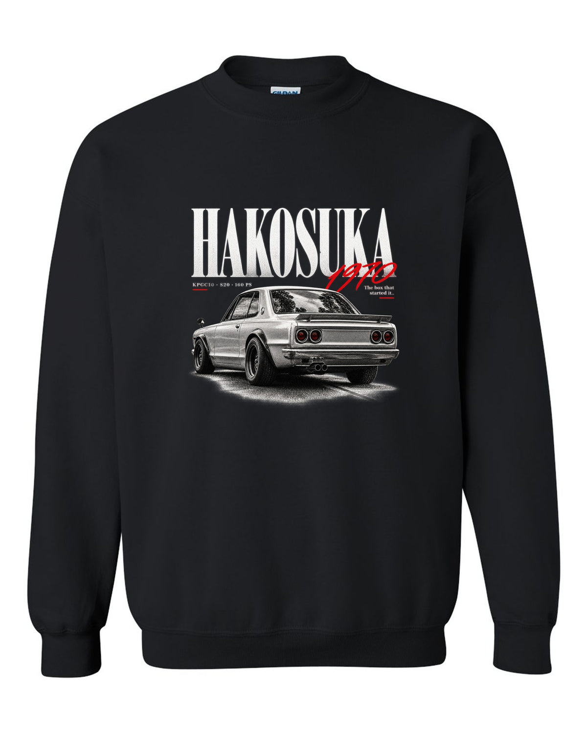 Editorial headline print of a Nissan Skyline 2000GT-R KPGC10 Hakosuka black crewneck front view with the design
