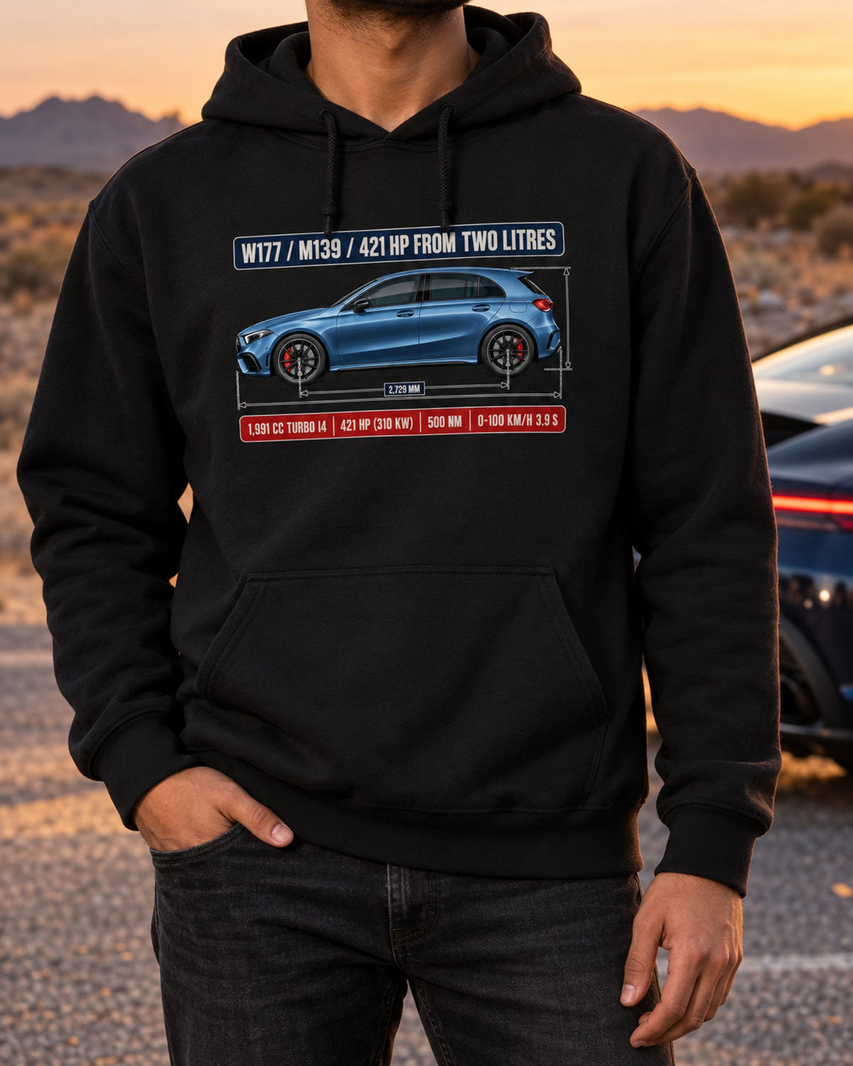 Mercedes-AMG A45 S W177 Dimension Blueprint Shirt Pull Over Hoodie Black worn hero