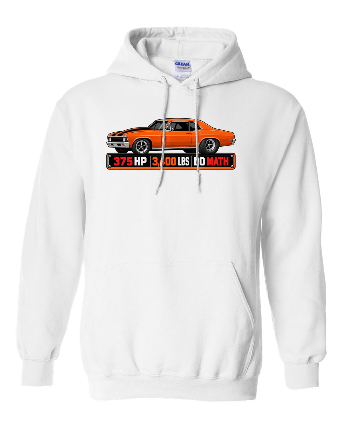 1970 Nova SS 396 in a spec sheet data plate design with text 375 HP 3,400 lbs Do Math white pull over hoodie front view with the design