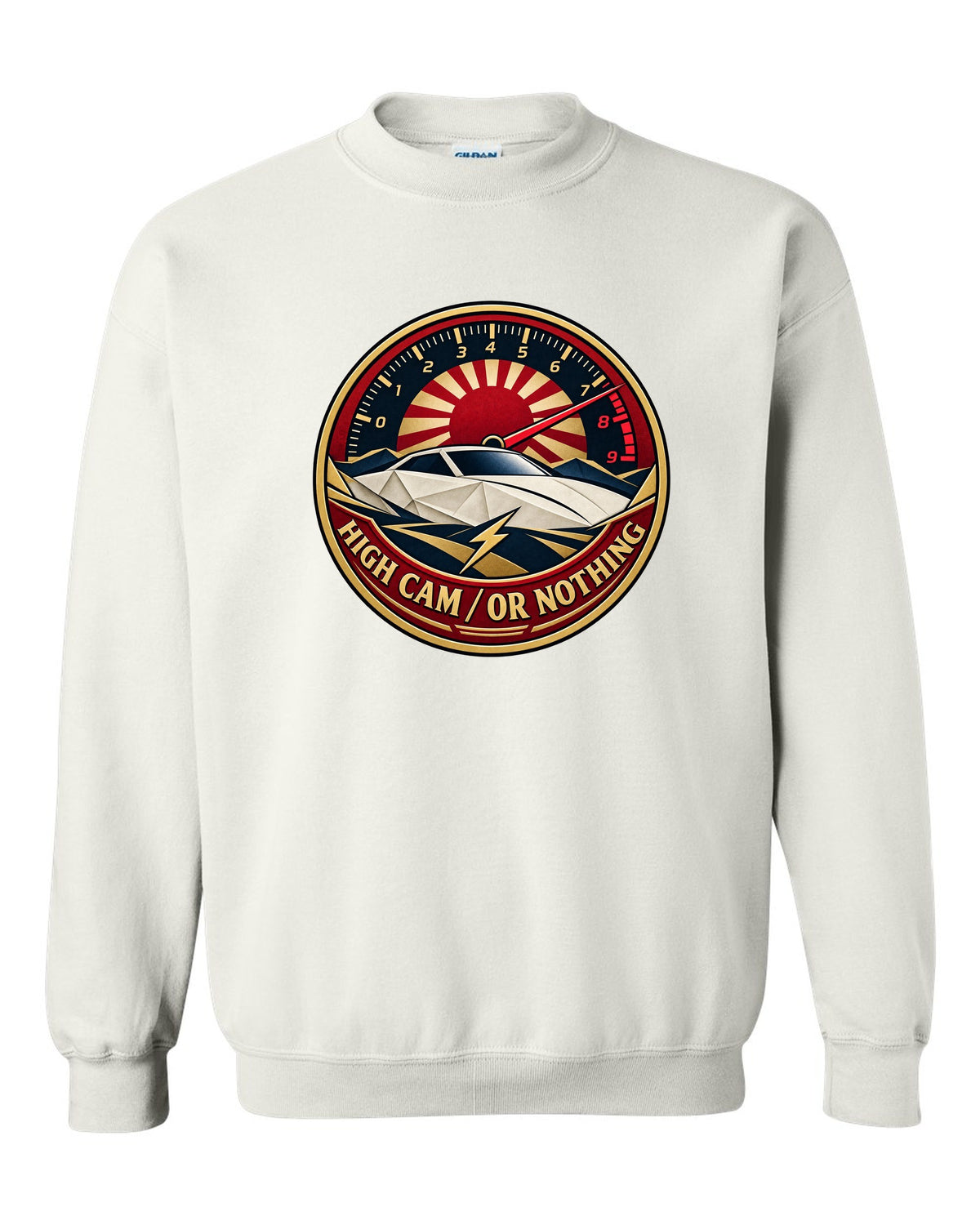 Origami-style crest of a Toyota Celica ZZT231 with the words High Cam or Nothing white crewneck front view with the design