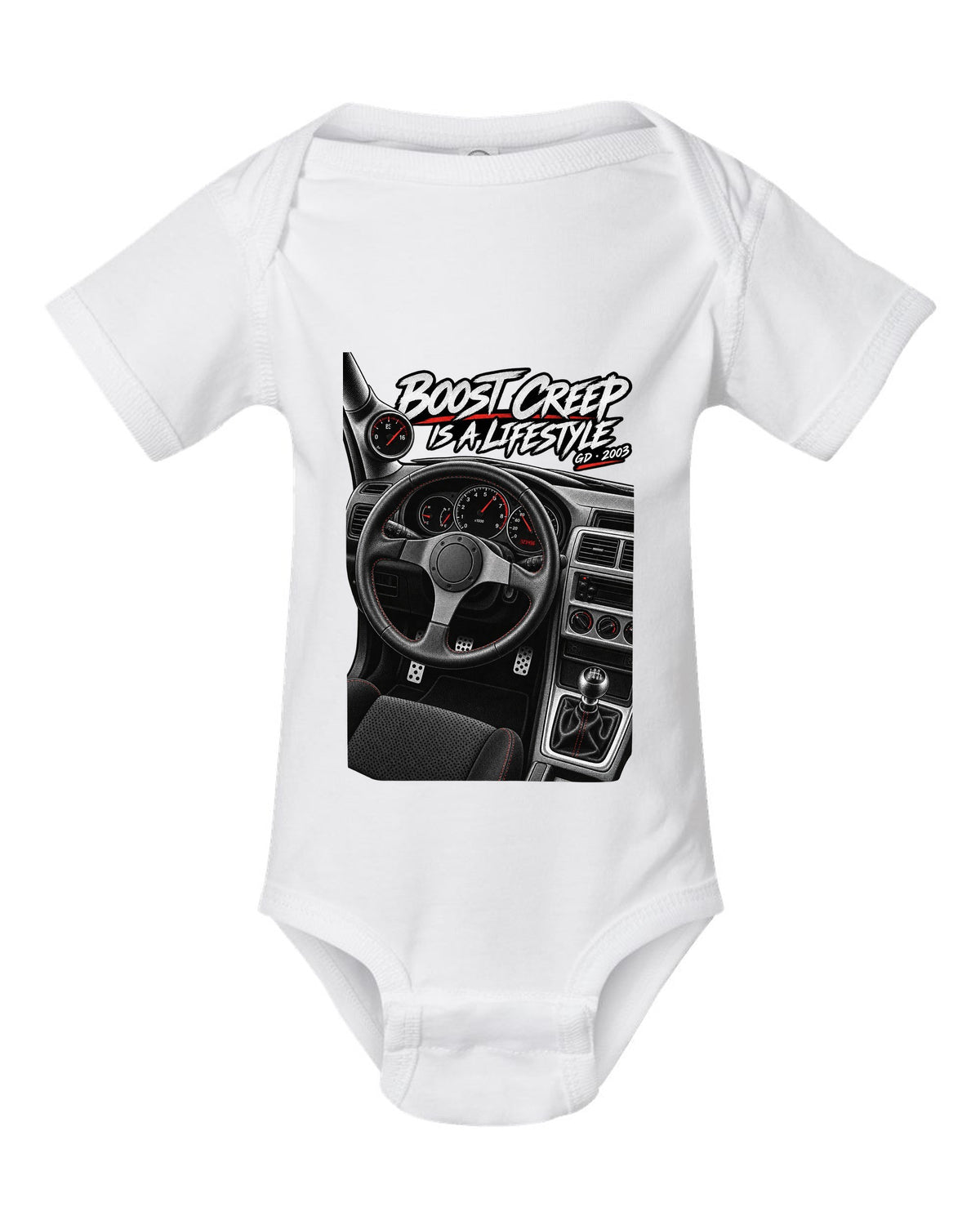 Boost gauge cockpit print for a Subaru Impreza WRX GD Blobeye with boost creep text white baby onesie front view with the design