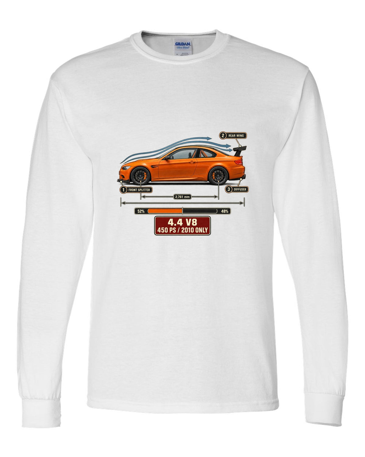 BMW M3 E92 GTS coupe aero callouts print white long sleeve front view with the design