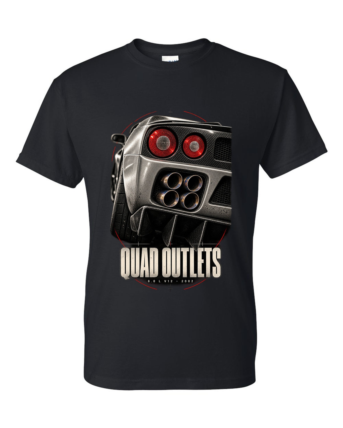 Ferrari Enzo 2002 rear detail macro print of four exhaust outlets, 6.0 L V12 black t-shirt front view with the design