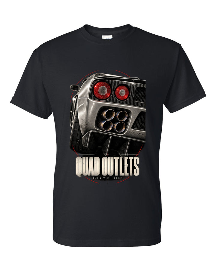 Ferrari Enzo 2002 rear detail macro print of four exhaust outlets, 6.0 L V12 black t-shirt front view with the design