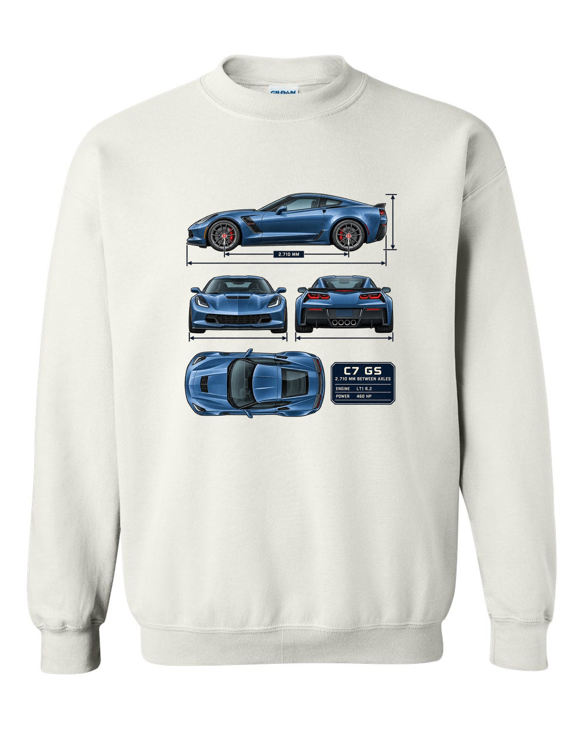 print of a Chevrolet Corvette C7 Grand Sport dimension blueprint with 2,710 mm wheelbase white crewneck front view with the design