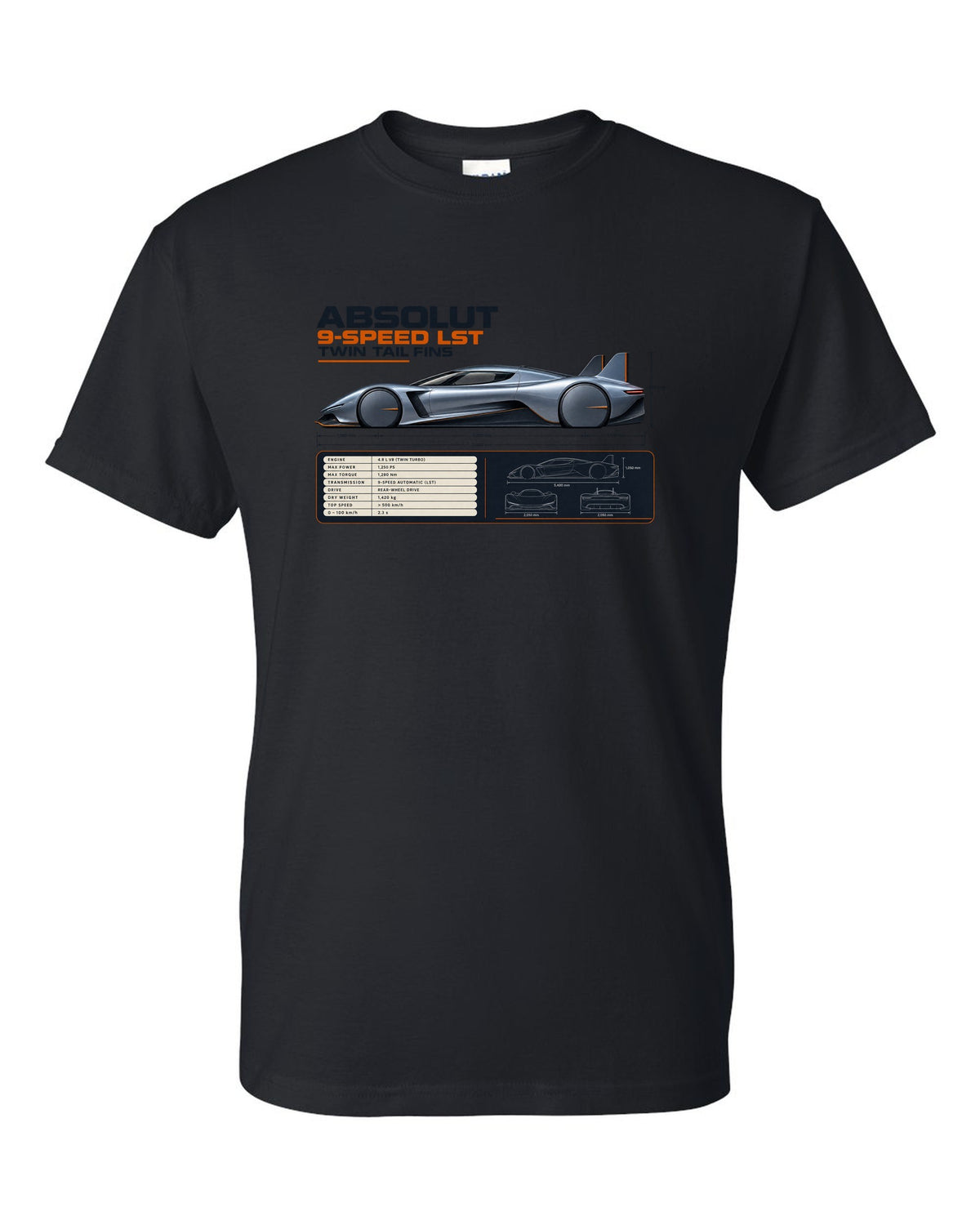 Koenigsegg Jesko Absolut Side Profile Spec Poster black t-shirt front view with the design