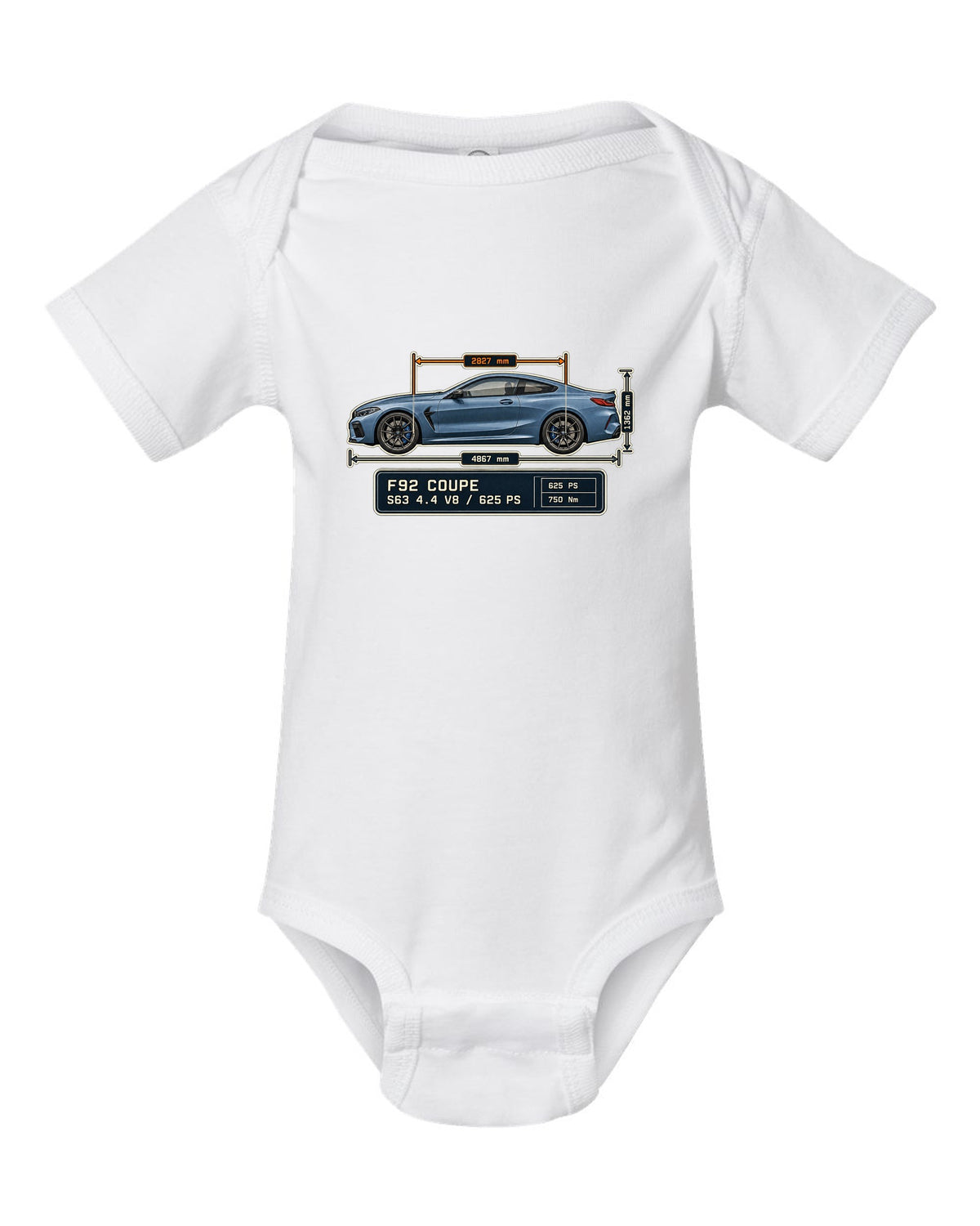 BMW M8 Competition Coupe F92 dimension blueprint print on a tee white baby onesie front view with the design