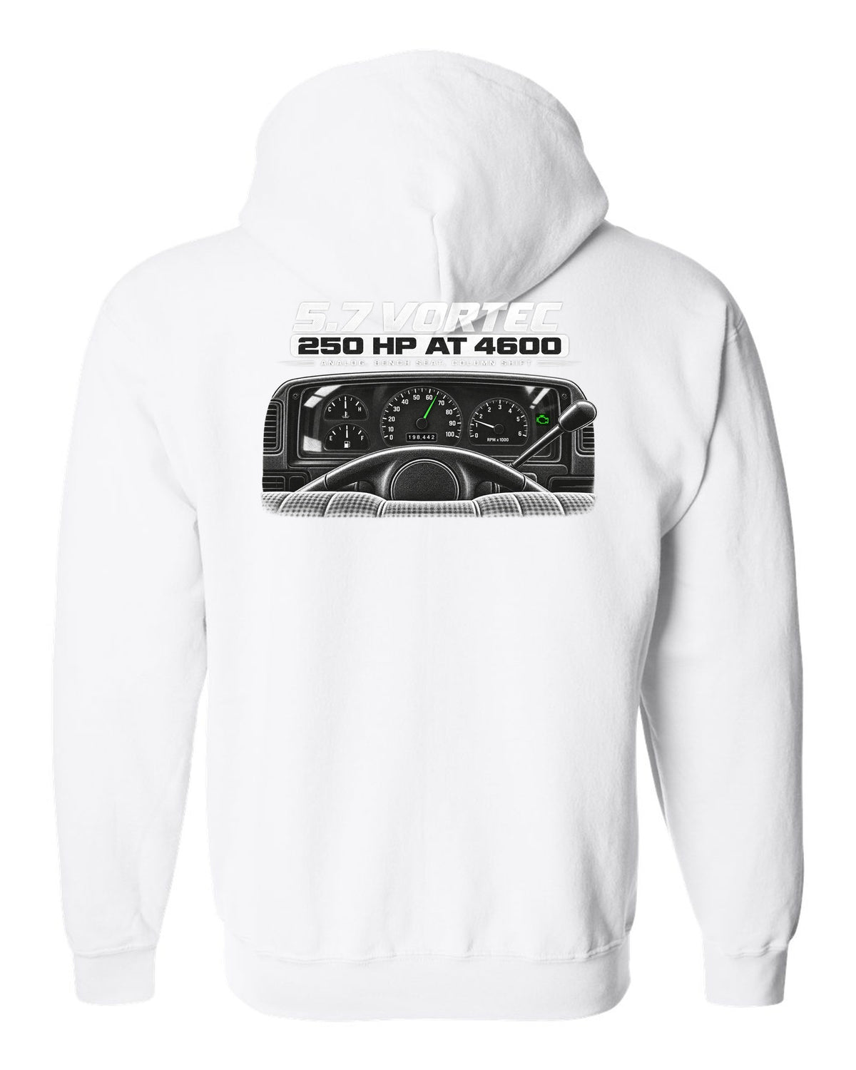 OBS Chevy C1500 cockpit and gauge cluster print white zip hoodie back view with the design