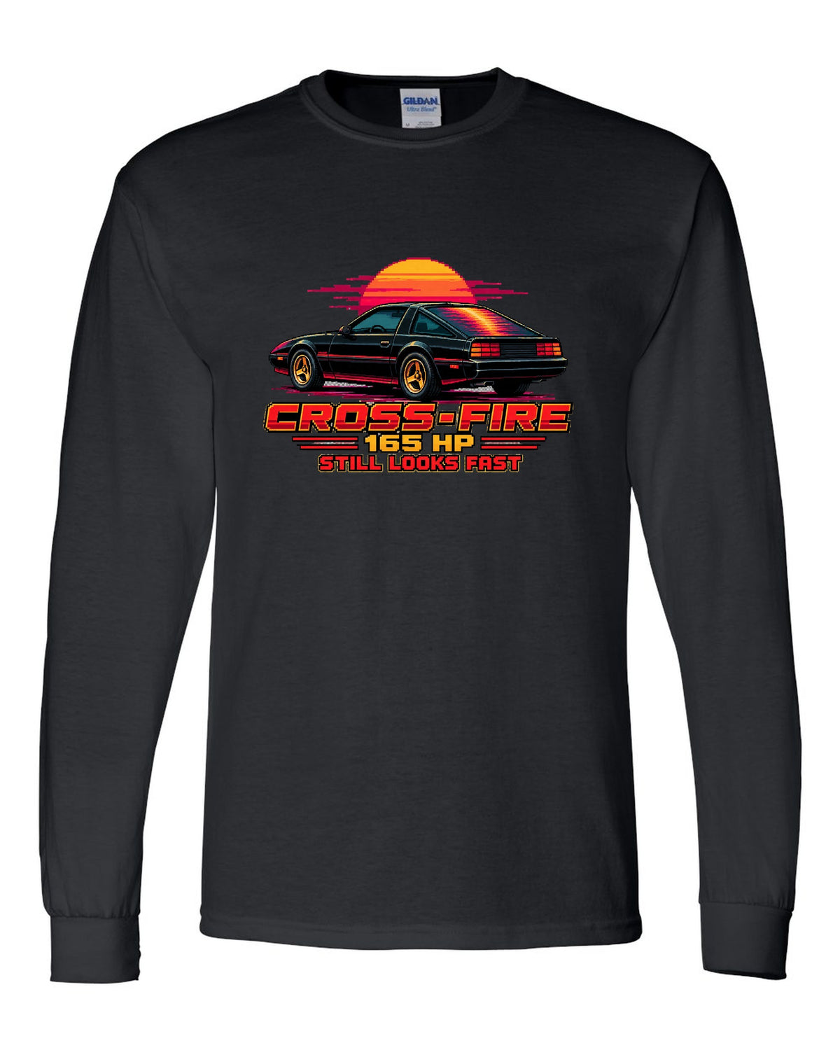 1982 Chevrolet Camaro Z28 pixel art print with Cross-Fire 165 HP text black long sleeve front view with the design