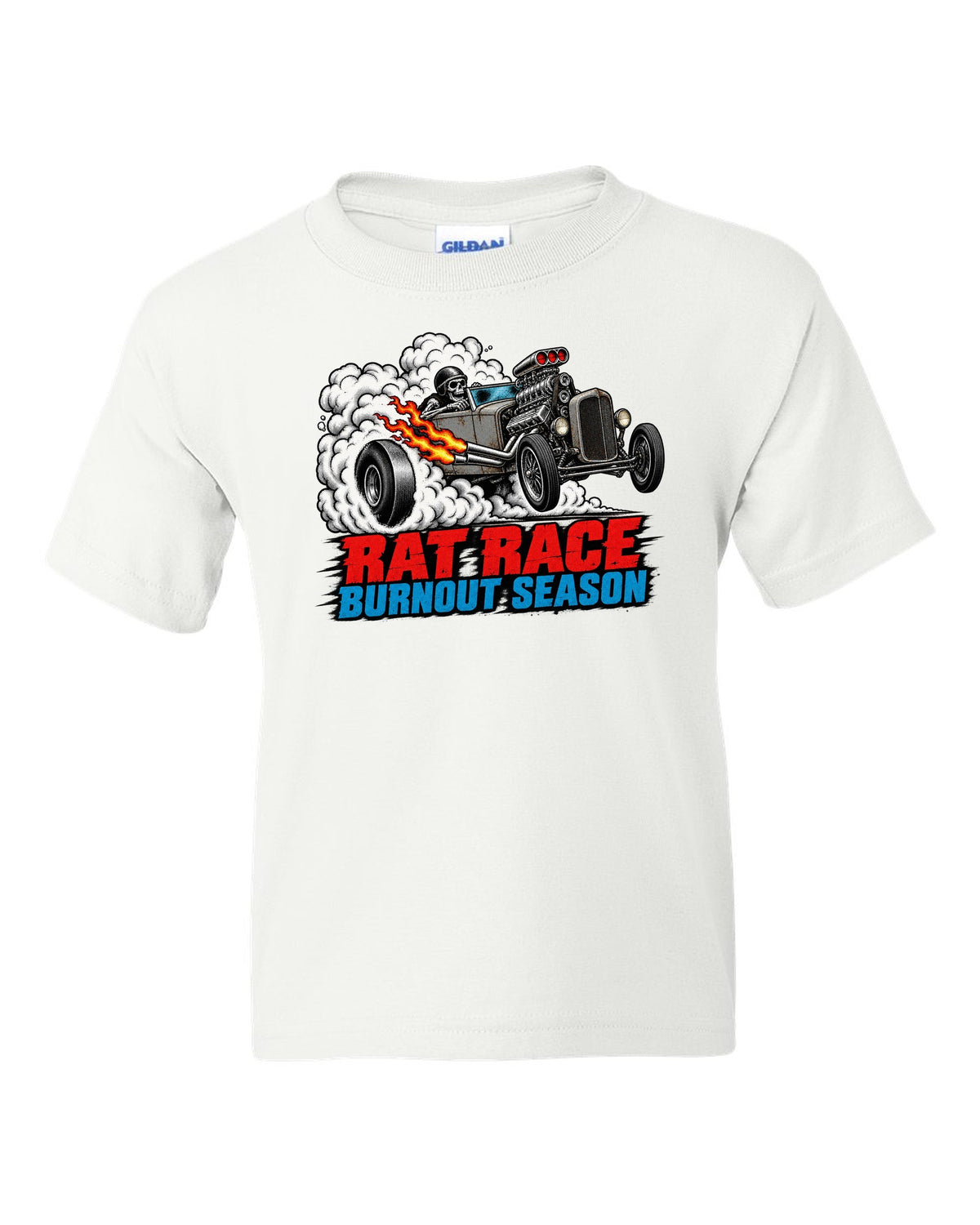 Halftone screenprint print of a primer-grey rat rod roadster in tyre smoke with Burnout Season lettering white kids tee front view with the design