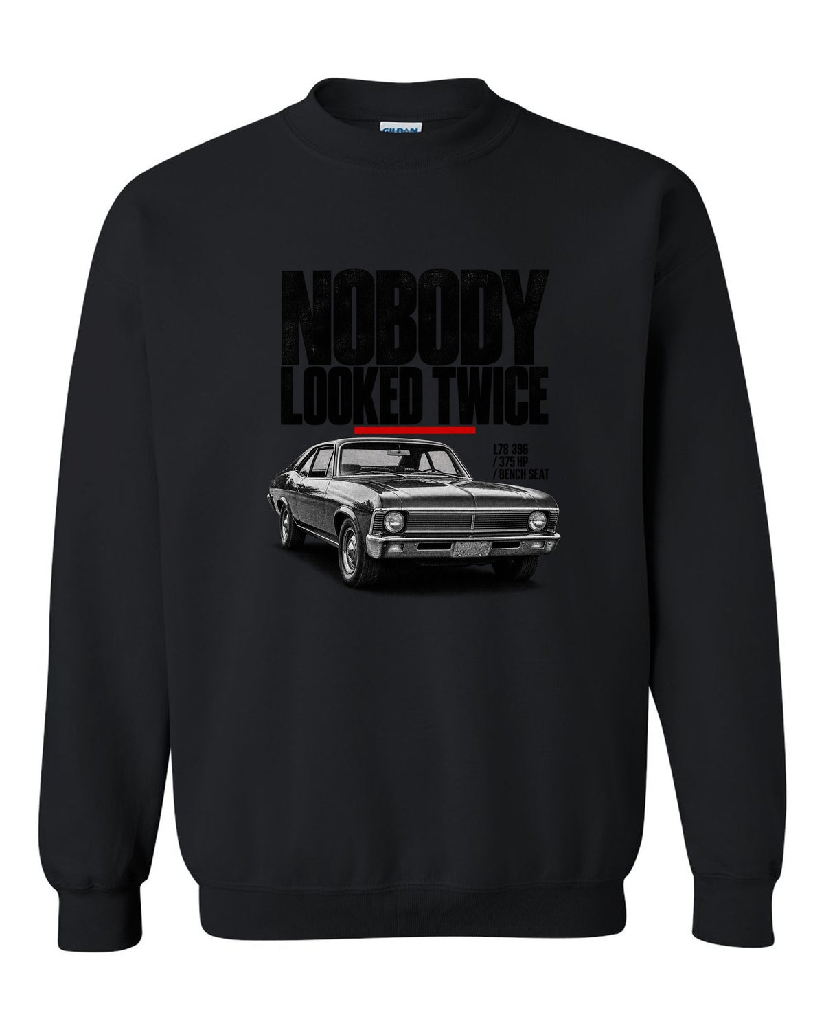 1969 Nova SS 396 halftone front three-quarter print with L78 396 specs black crewneck front view with the design