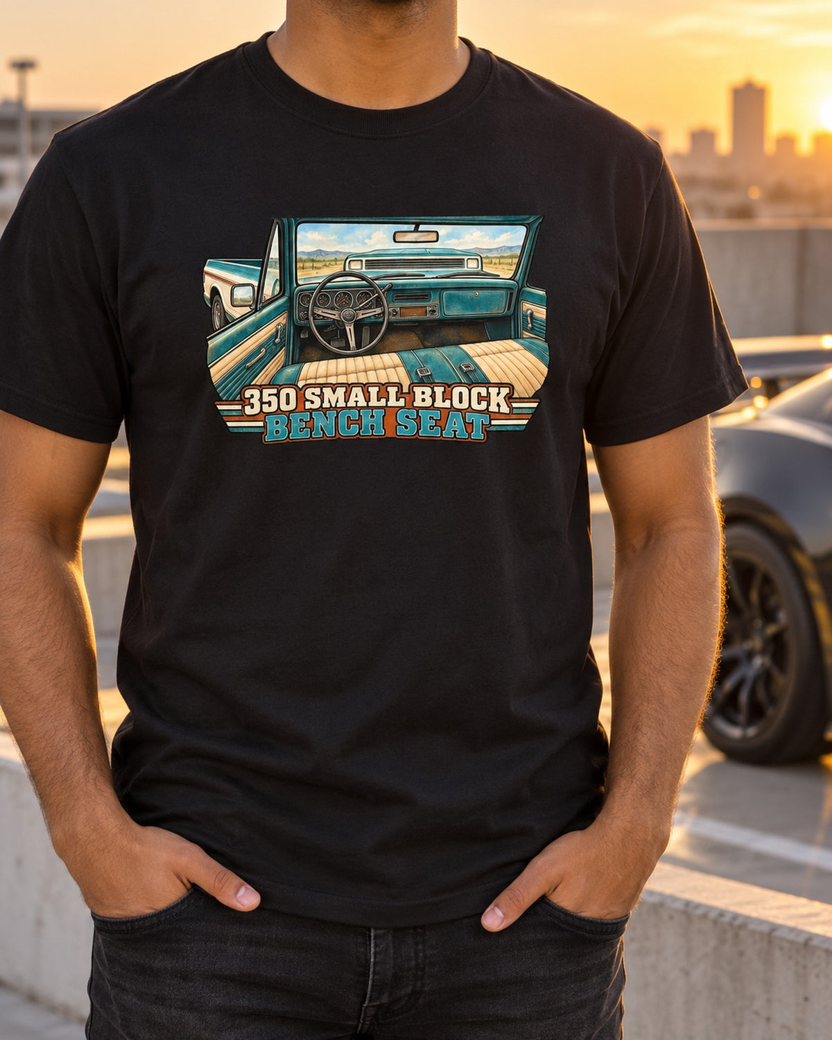1971 Chevrolet C10 Cheyenne Watercolour Bench Seat Shirt T-Shirt Black worn hero