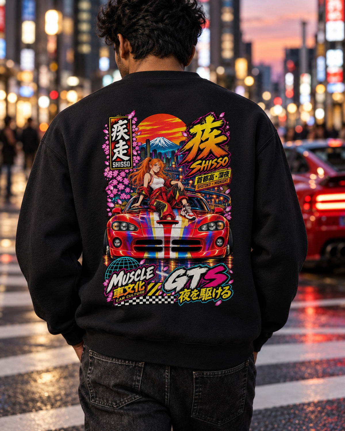SHISSO GTS Anime Girl Full-Back Graphic Tee Crewneck Black worn hero