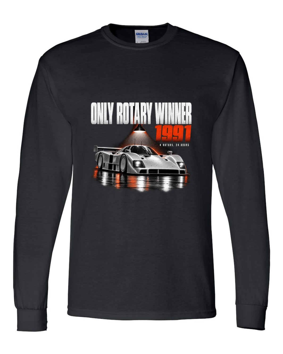 Mazda 787B in a dark garage with only rotary winner 1991 lettering black long sleeve front view with the design