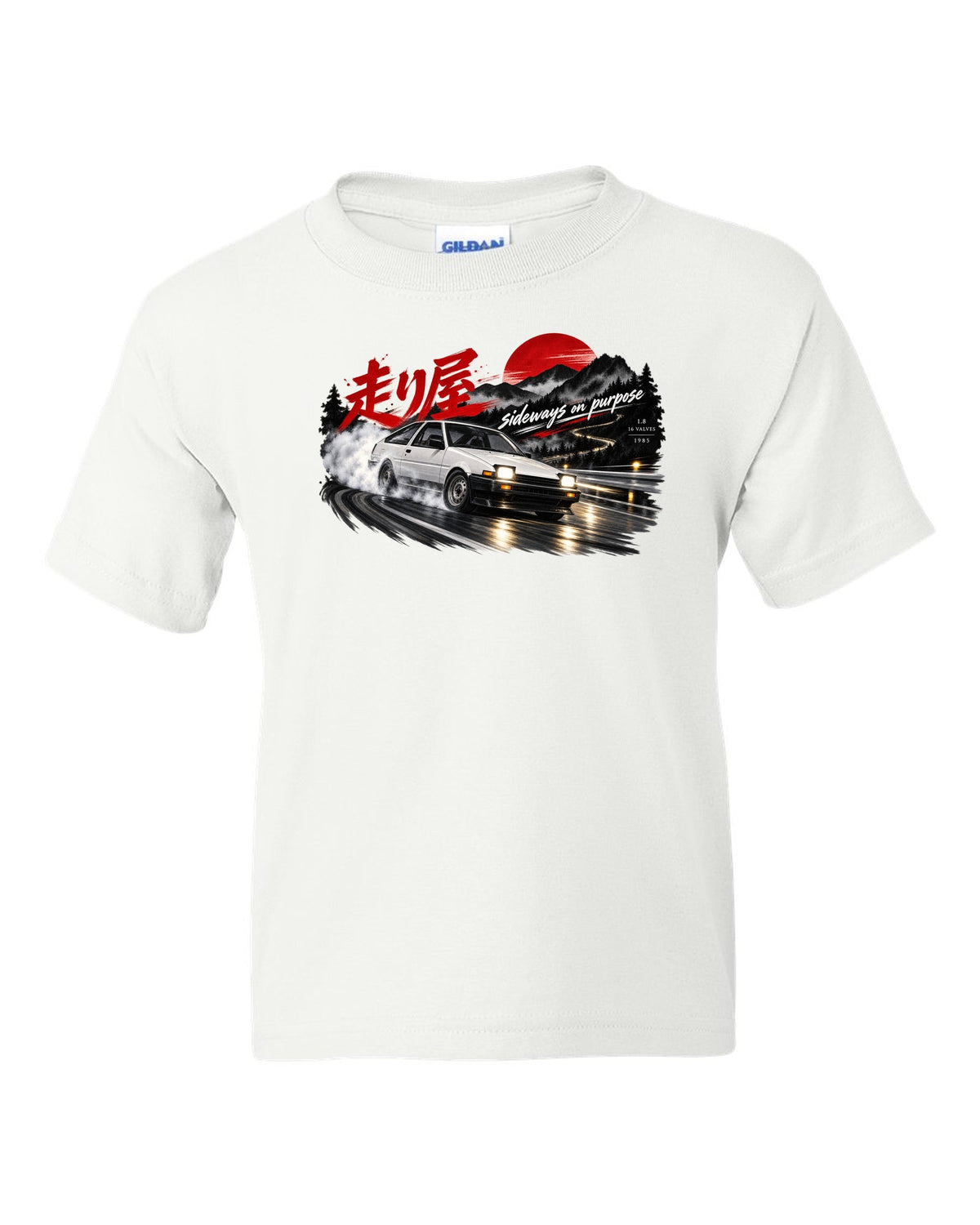 VW Golf Mk2 16V front three-quarter sliding at night with touge kanji white kids tee front view with the design