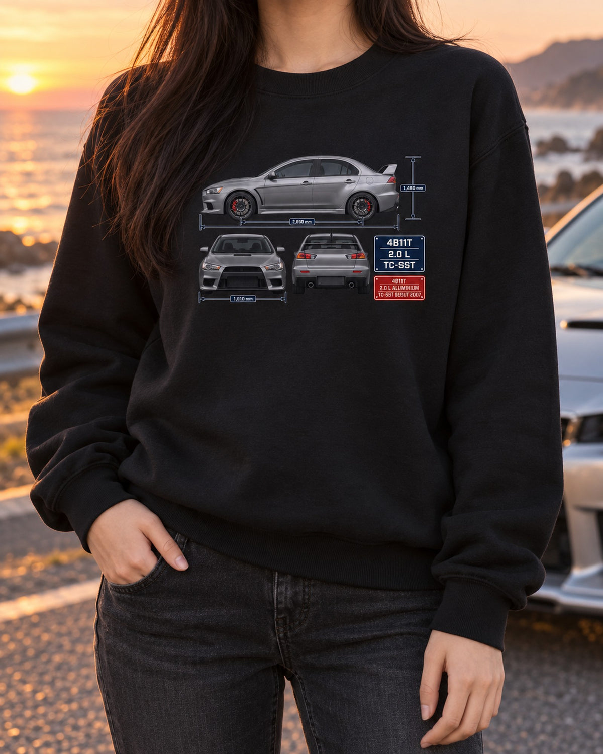 Evo X GSR Three-View Spec Table Tee, Mitsubishi Lancer Crewneck Black worn hero