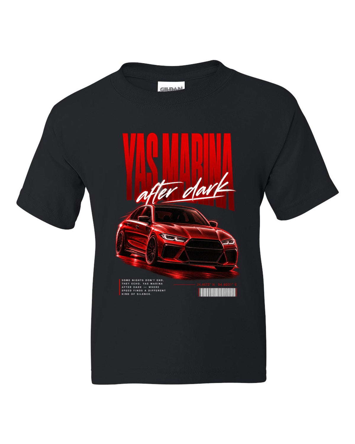 BMW F80 M3 sedan night street poster print with Yas Marina lettering black kids tee front view with the design