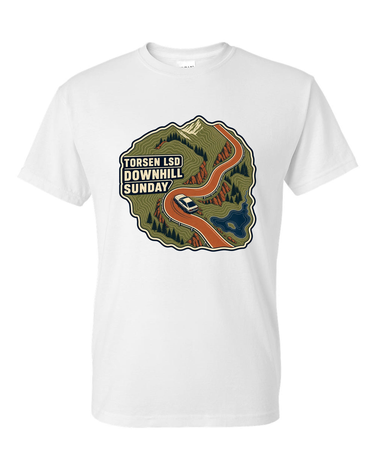 Topographic route map print for a Hyundai Genesis Coupe BK2 with Torsen LSD downhill Sunday text white t-shirt front view with the design
